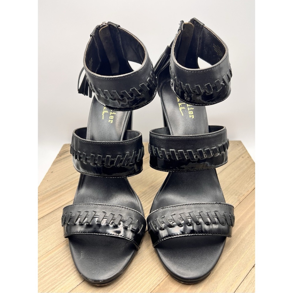 Nicole Miller Artelier Miami Black Leather Block Heel Sandals Tassel Zip Size 9M